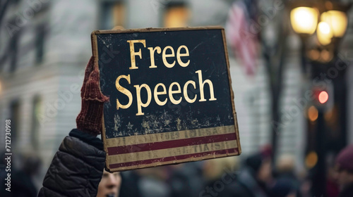 A 'Free Speech' board upheld in the evening light, symbolizing the enduring right to speak freely in society. photo