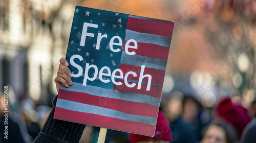  A protest sign with 'Free Speech' against an American flag backdrop, captured in a moment of advocacy for expressive rights.