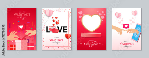 Happy Valentines Day creative posters set. Couple hands, 3d heart-shaped gift box, empty podium and paper hearts on pink confetti background. Vector illustration