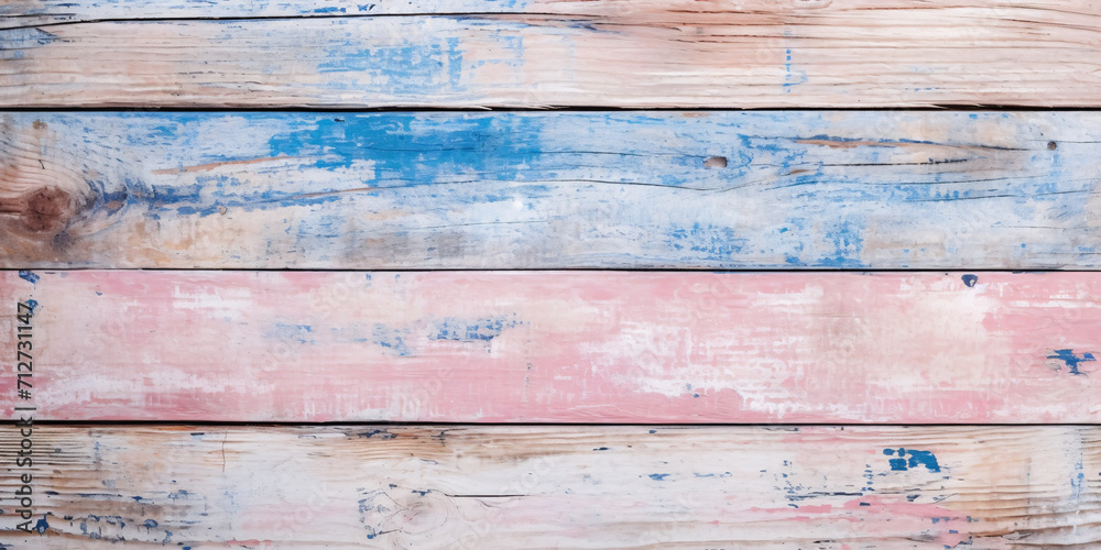 Wooden background with old blue, pink and beige horizontal planks