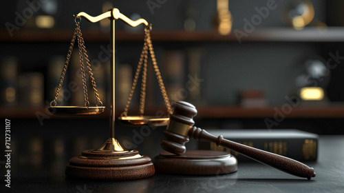 Wooden gavel and scales of justice on a lawyer's desk, depicting the concept of law and order. photo
