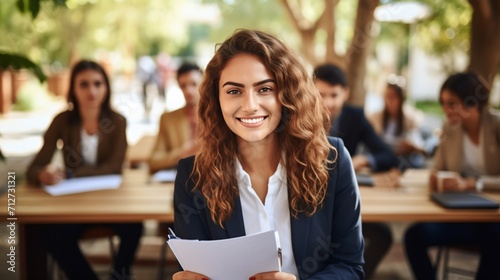 Confident young businesswoman with curly hair holding a document and smiling at the camera while her colleagues are sitting in the background photo