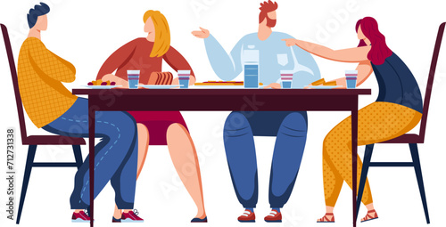 Four people sitting at a dining table enjoying a meal together. Casual dining, two women and two men engage in conversation. Friends or family gathering and eating vector illustration.