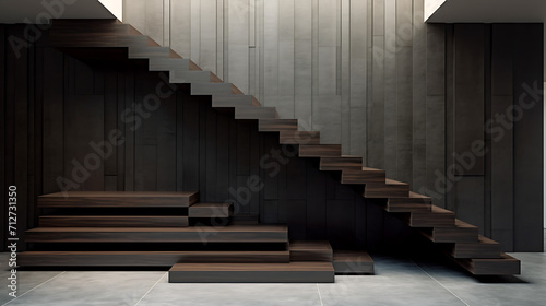 A minimalist staircase with alternating open and closed risers, creating a geometric and visually interesting pattern. The steps are made of sleek, dark wood, enhancing the modern aesthetic  photo