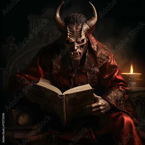 The devil reading the bible. Satan reading a big holy book. 