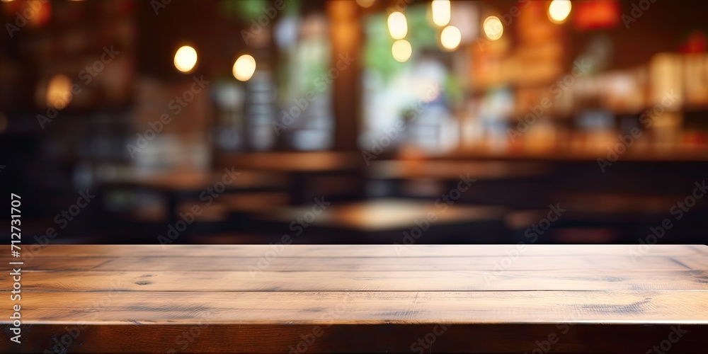 Blurred cafe background with empty wooden table for product display.