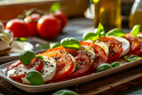 Caprese salad with sliced tomatoes, mozzarella, basil, olive oil. Organic and healthy. Generative AI