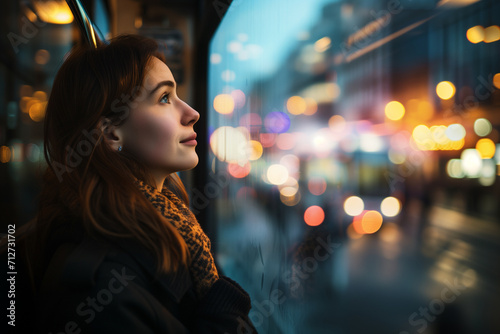 Dreamy Woman Gazing at Evening City Lights