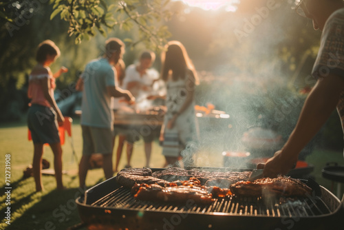 smiling mother and father grilling burgers on an outdoor