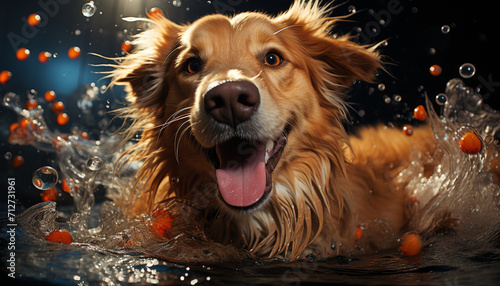 Cute wet puppy playing outdoors, splashing water, purebred dog generated by AI