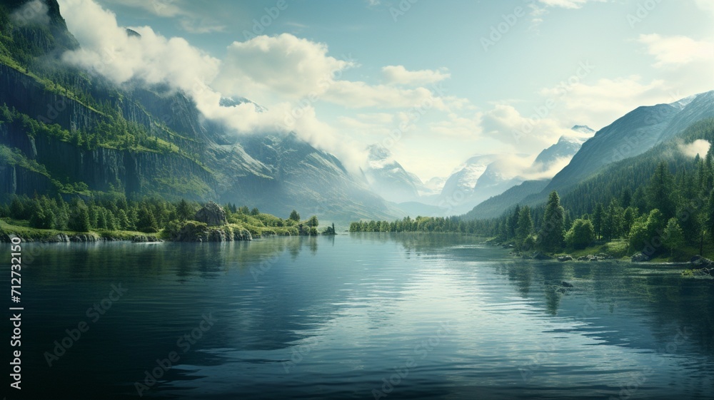 A pristine mountain lake reflecting the first light of dawn, surrounded by towering peaks shrouded in mist  -Generative Ai