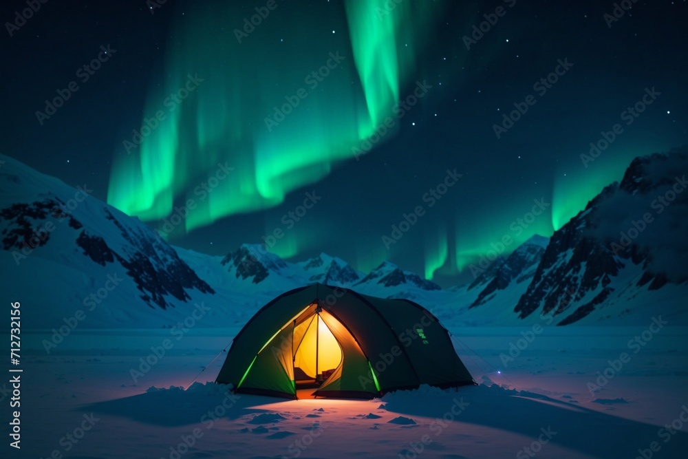 Tent in Snow, Aurora Lights Background, Majestic Winter Camping Experience. Generative AI.