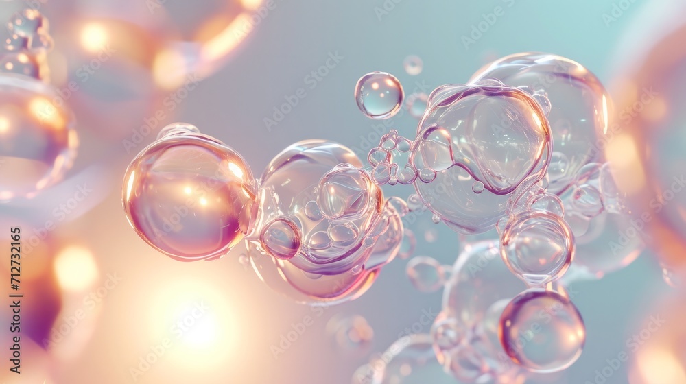 Molecule inside Transparent liquid bubble on soft background, concept skin care cosmetics solution. 3d rendering - obrazy, fototapety, plakaty 