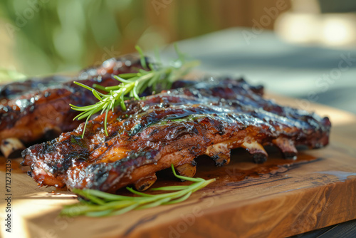 Ribs grilled with BBQ sauce and caramelized in honey. Generative AI
