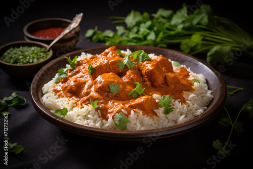 Plate with Indian butter chicken meal with rice on dark background
