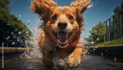 Cute puppy playing in water, splashing and having fun generated by AI © Jemastock