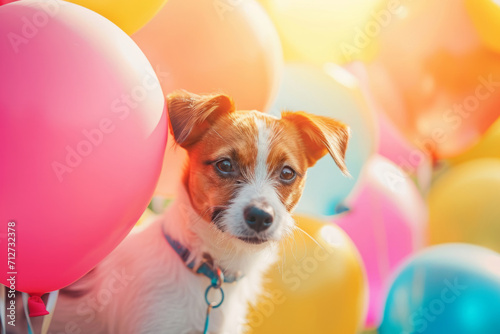 Dog sits among the festive decorations. Dog among balloons. Generative AI © barmaleeva