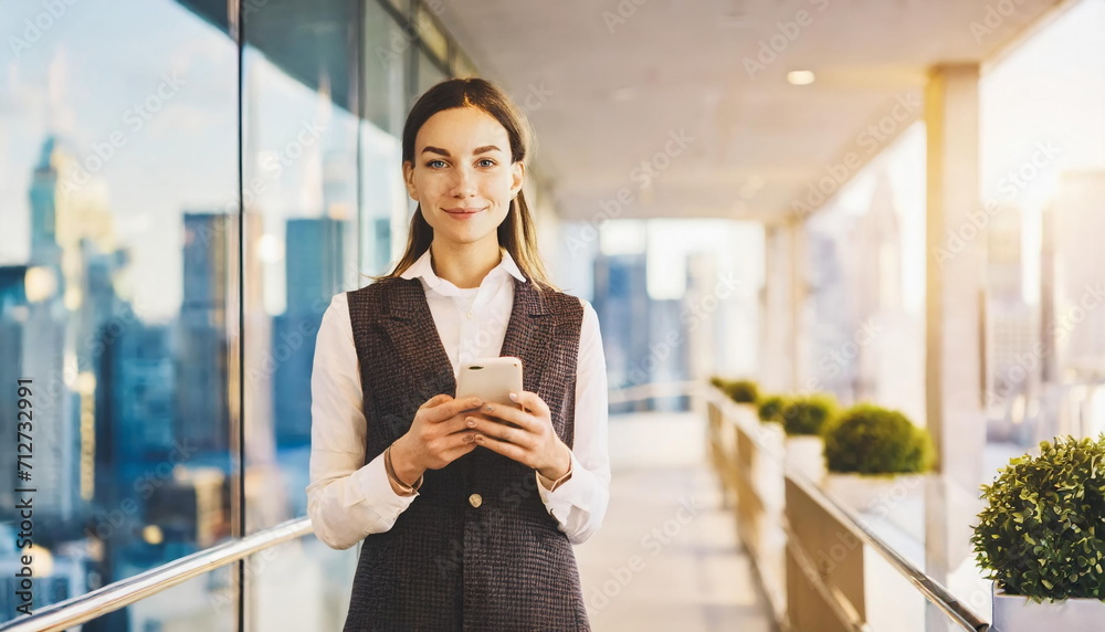 Fototapeta premium Young caucasian female project manager in skyscraper office building, using smartphone