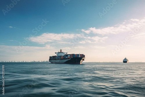Container ship on water under blue sky. Maritime logistics for international cargo delivery. Generative AI © Cassius