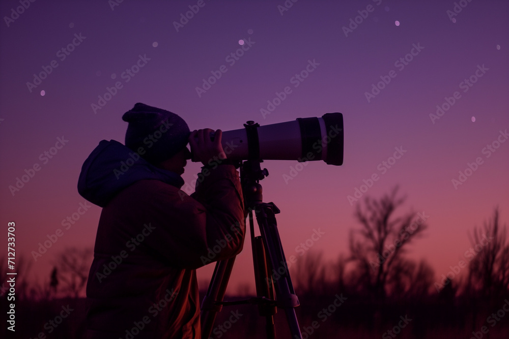 man at night looking through a telescope