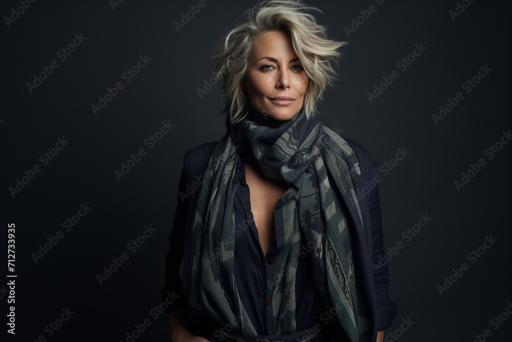Portrait of a beautiful blonde woman in a jacket and scarf.
