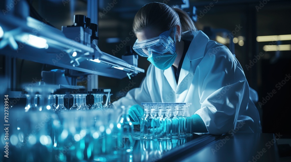 chemist in protective uniform, gloves and goggles checking test tube during experiment in modern laboratory chemist in protective uniform, gloves and goggles checking test tube during experiment in modern laboratory