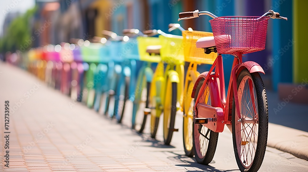 Vibrant array of colorful bicycles lined up at an outdoor bike rack, creating a cycling haven