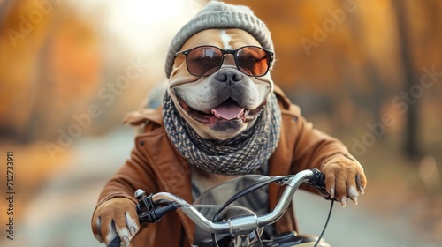 Dog riding a bicycle in street © arti om