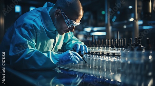 chemist in protective uniform, gloves and goggles checking test tube during experiment in modern laboratory