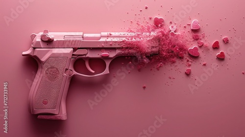 Explosive love theme, gun shooting with pink bullet, bullets made hearth shapes