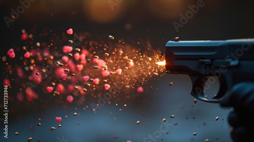 Explosive love theme, gun shooting with pink bullet, bullets made hearth shapes photo