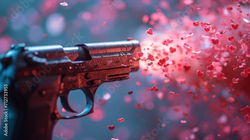 Explosive love theme, gun shooting with pink bullet, bullets made hearth shapes