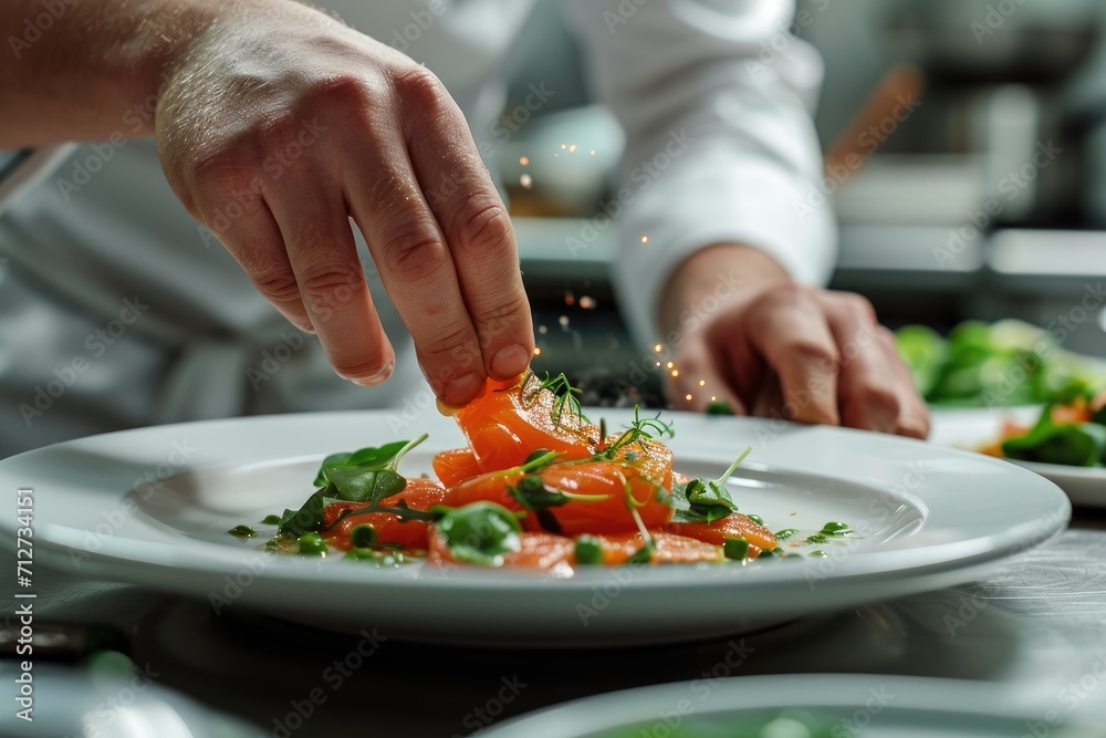 A chef plating a beautifully designed dish, kitchen background