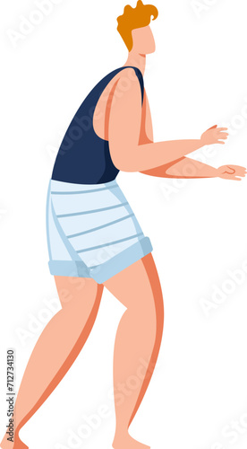 Caucasian male in casual attire walking with a confident stride, side profile of young adult. Modern style, city life vector illustration.