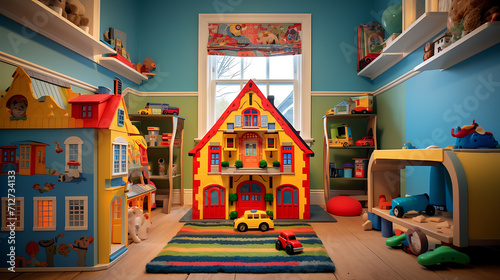 A playroom inside a toy house filled with colorful toys, a miniature play kitchen, and a tiny reading nook. The vibrant and lively atmosphere is captured in this delightful toy interior.  © Love Mohammad