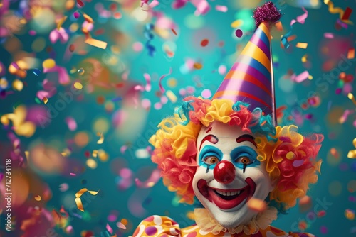 clown and confetti with birthday party hat, in the style of whimsical naive art Clown close 1 April Fool`s day concept Laughing clown