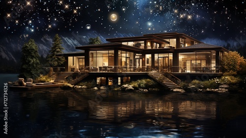 A riverfront mansion with a private dock, its lights reflecting on the water's surface under the starry night sky -Generative Ai