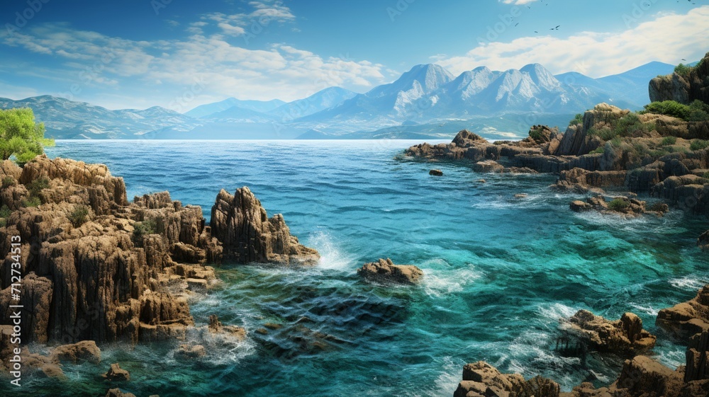 A rocky coastline with jagged cliffs rising from the sea, framed by towering mountains, creating a striking and untamed natural panorama -Generative Ai A rocky coastline with jagged cliffs rising from the sea, framed by towering mountains, creating a striking and untamed natural panorama -Generative Ai