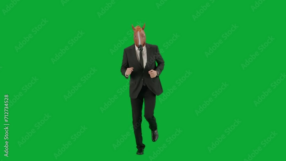 Man in business suit with horse head mask on green studio background. Businessman is running fast. Concept of hard office work. Man in business suit with horse head mask on green studio background. Businessman is running fast. Concept of hard office work.