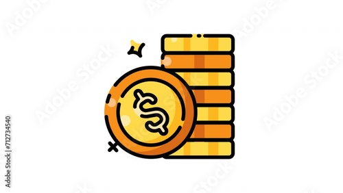 Animated stack of coins with a large dollar symbol. Sparkle indicates movement. Suitable for financial, savings, investment, and wealth concepts. (ID: 712734540)