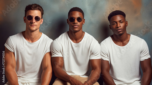 Three sitting cool stylish handsome muscular young men of generation Z from different ethnic groups, wearing white T-shirts and sunglasses. Principle of inclusivity, diversity and self-expression. photo