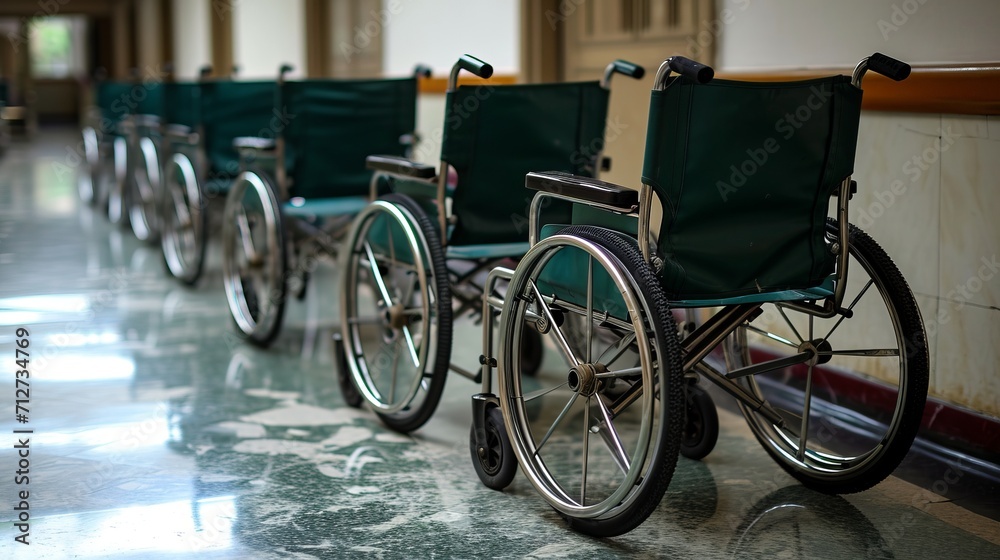Fototapeta premium Deserted wheelchairs neatly arranged along the hospital corridor, creating an eerie atmosphere