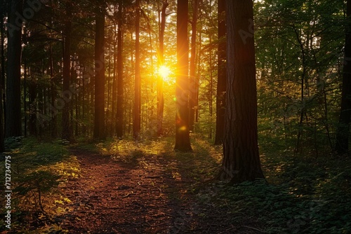 Sunset in the wood in summer period