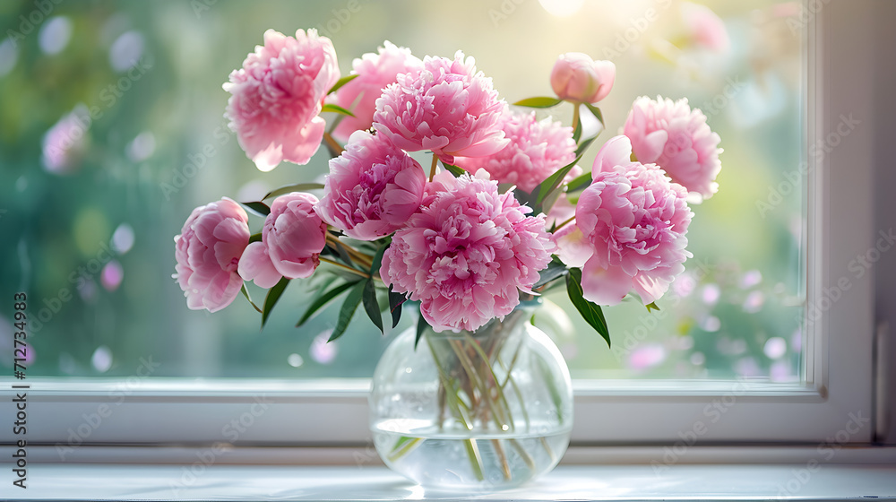 a bouquet of peonies in a transparent vase on the windowsill a bouquet of peonies in a transparent vase on the windowsill
