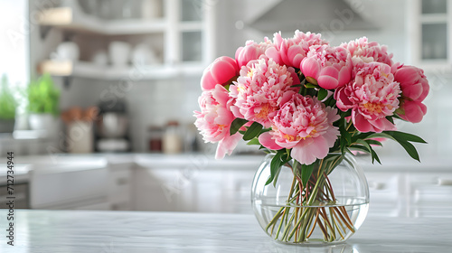 a bouquet of pink peonies in a transparent vase in the white kitchen 