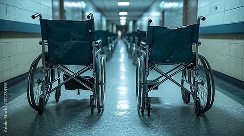 A row of numerous vacant wheelchairs occupying the long, desolate corridor of the hospital