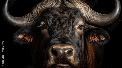 Majestic african buffalo symbolizing strength, in captivating portrait against black background