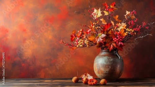 vase with an arrangement of flowers and autumn generative ai