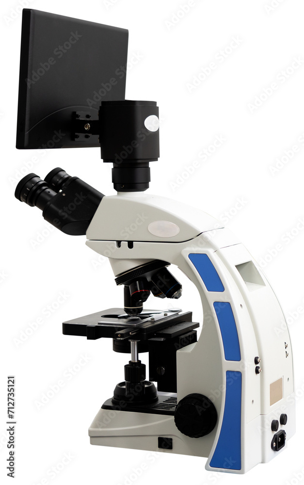 Microscope with multiple magnification, additional liquid crystal monitor screen isolated over white background. Modern diagnostic equipment of veterinary clinic laboratory.