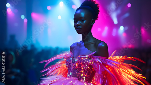 A model in a neon dress on the catwalk